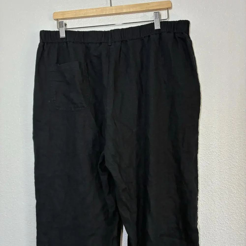 Quince Linen Pants Womens XL Black Wide Leg Elastic Waist Relaxed Pull On Casual